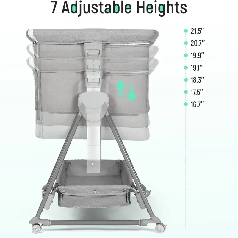 Bassinet Bedside Sleeper, Baby Bassinet with 7 Adjustable Height, Bedside Bassinet for Baby with Storage, Breathable Mesh & Mattress, Portable Bassinet Easy Folding
