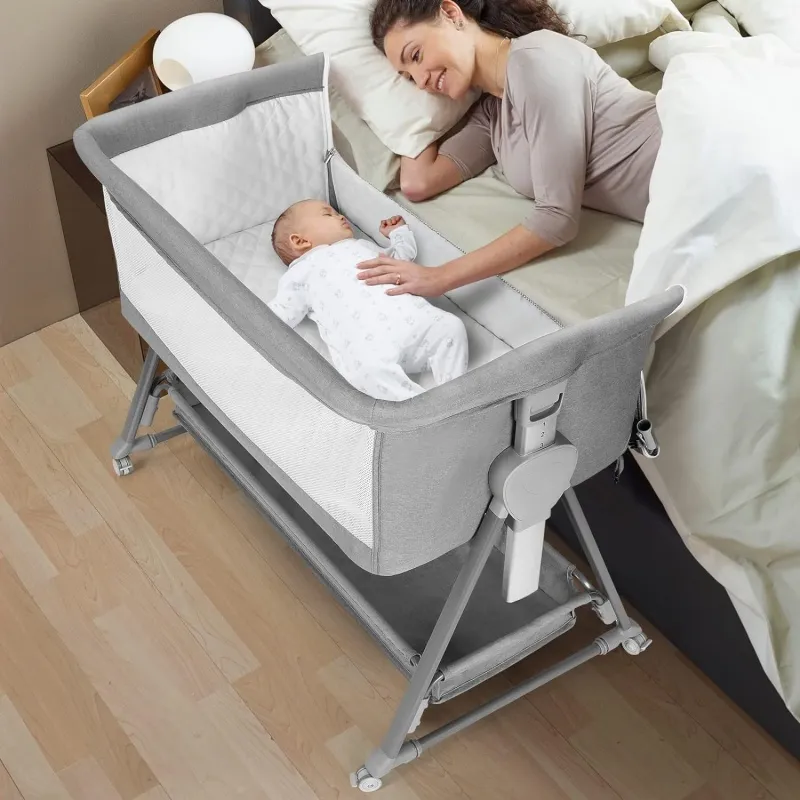 Bassinet Bedside Sleeper, Baby Bassinet with 7 Adjustable Height, Bedside Bassinet for Baby with Storage, Breathable Mesh & Mattress, Portable Bassinet Easy Folding